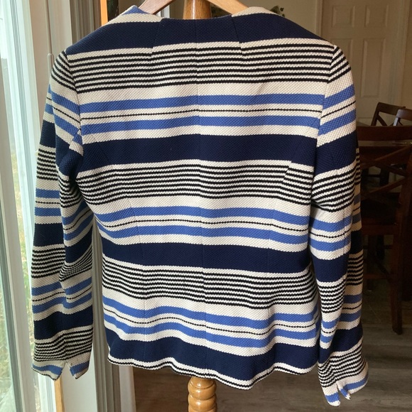 Anne Klein Blue and White Striped Collarless Tulip Cotton Blazer Jacket (6) - Picture 6 of 12